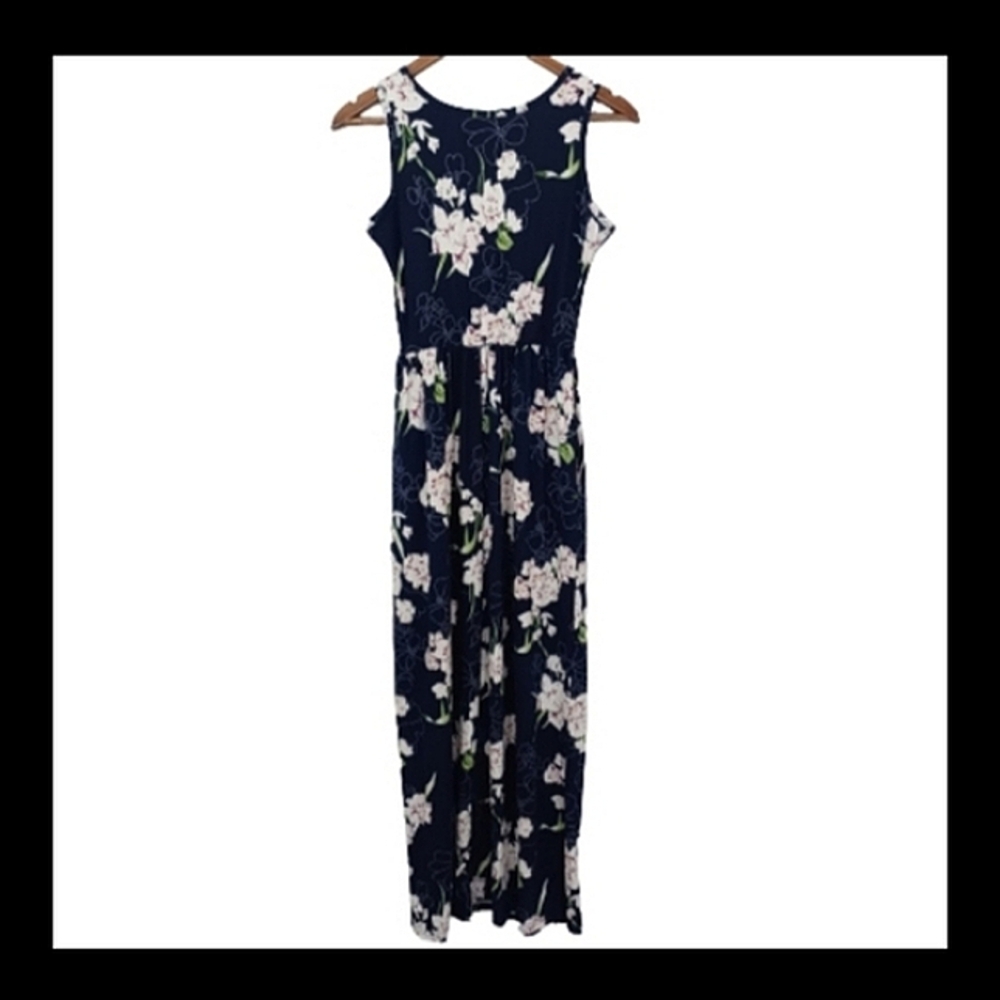 AUSELILY Blue Navy Garden Floral Maxi Soft Stretchy Modest Pocket Summer Dress - Picture 3 of 15
